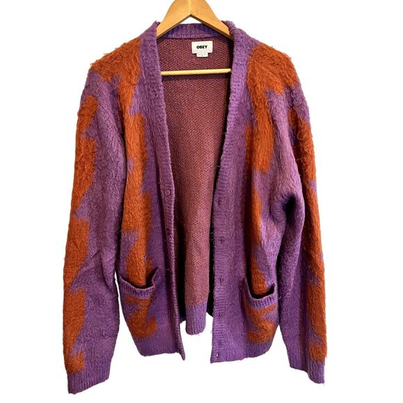 Obey | Men's Dexter Shaggy Knit Cardigan Sweater Purple Orange Grunge Size XL - Picture 3 of 9